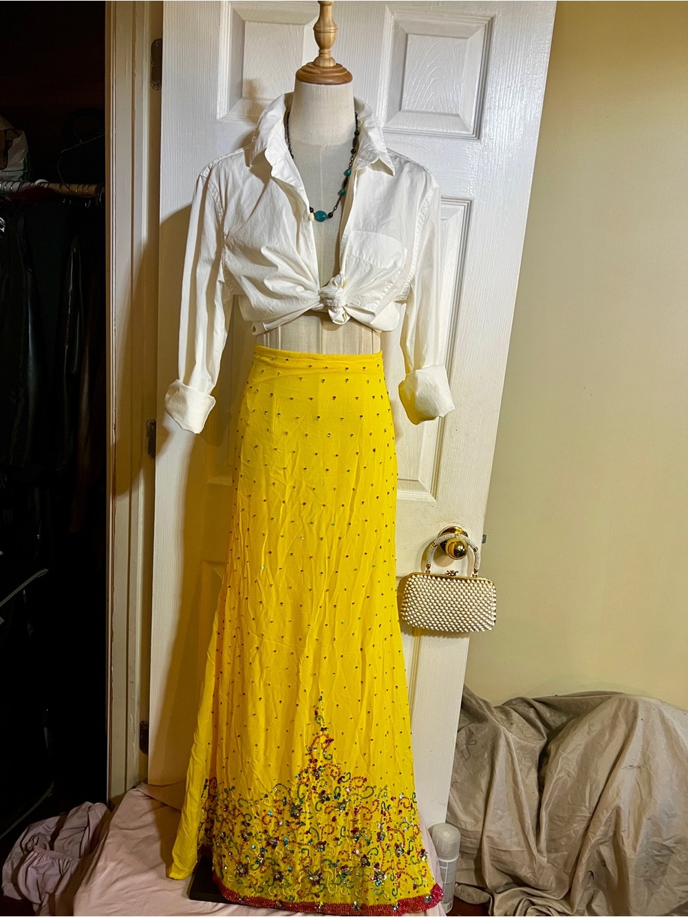 Wms Handmade Yellow Silk Sequin Beaded Colorful Boho Lined Maxi Skirt S/M